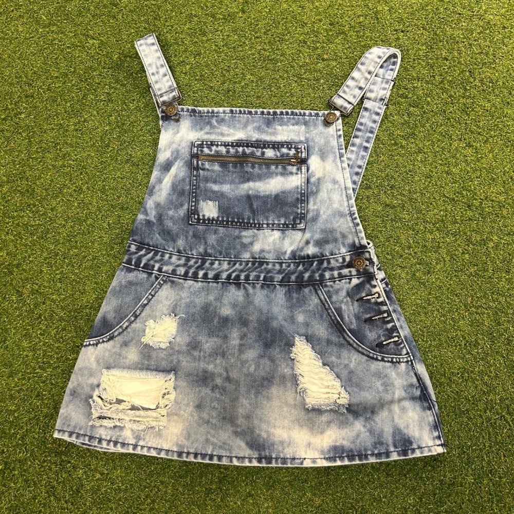 Machine Acid Wash Distressed Denim Overall Skirt Blue Mini Dress